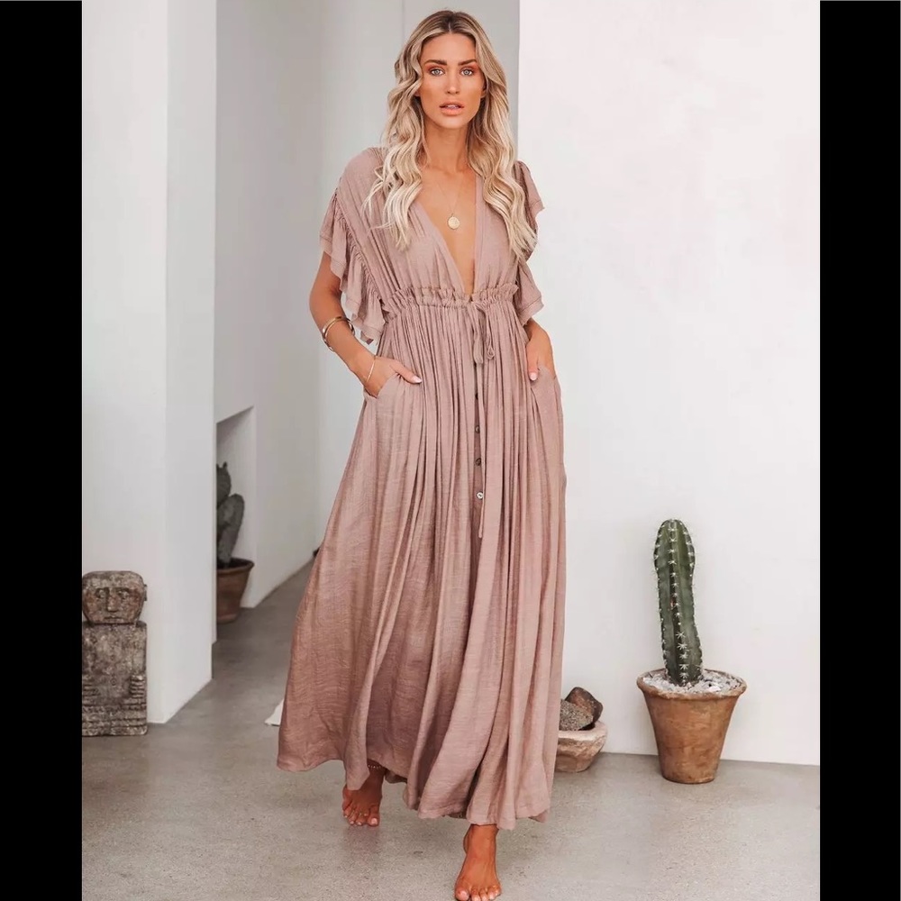 Muted Mauve Boho Gauze Boho Button Flutter Sheer Maxi Dress W/Adjustable Tie - Picture 4 of 7